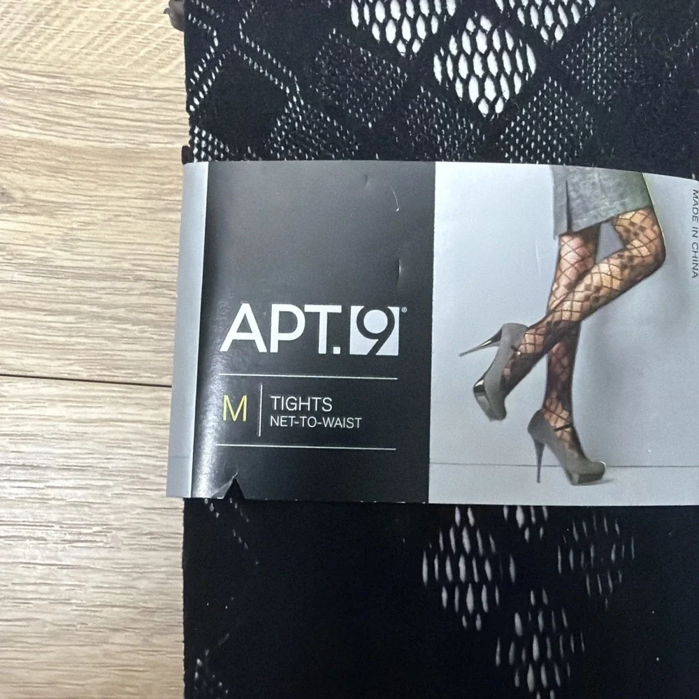 APT 9 Womens Tights Medium Black Geometric Openwork Net to Waist Hosiery New